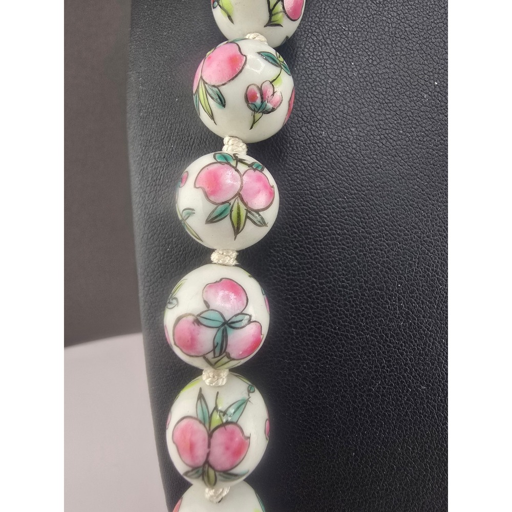 Vintage Estate Necklace Chinese Cloisonne White Pink 10mm Beads 24"